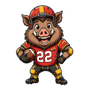 A smiling cartoon warthog wearing a red football uniform holds a ball.