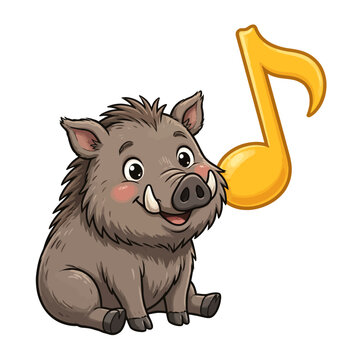 A cartoon warthog happily sings a musical note in a lively scene
