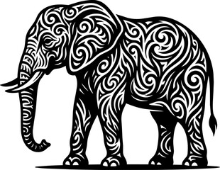 Fototapeta premium Black and White Ornamental Elephant Silhouette with Tribal Swirl Patterns