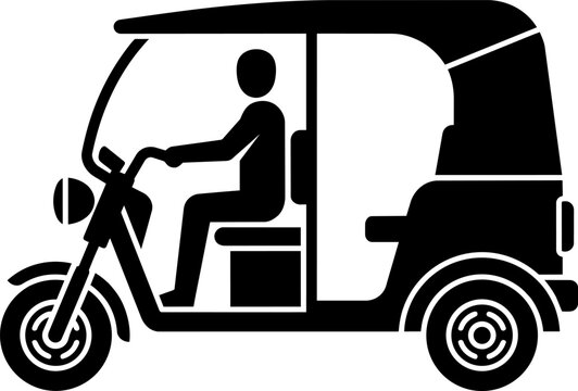Black and white icon of a person driving a tuk-tuk auto rickshaw