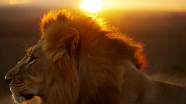 Adult male lion in left-facing profile with thick backlit mane and calm expression, set against glowing sunset savanna horizon with warm rim light, rich texture, and strong wildlife presence