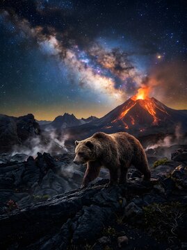 Brown bear walking on rocky terrain in front of erupting volcano at night under starry milky way sky with eruption mountain wildlife