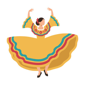 Graceful woman in a vibrant yellow traditional Mexican folk dance dress dancing in a dynamic pose isolated on white. Festive cultural heritage concept