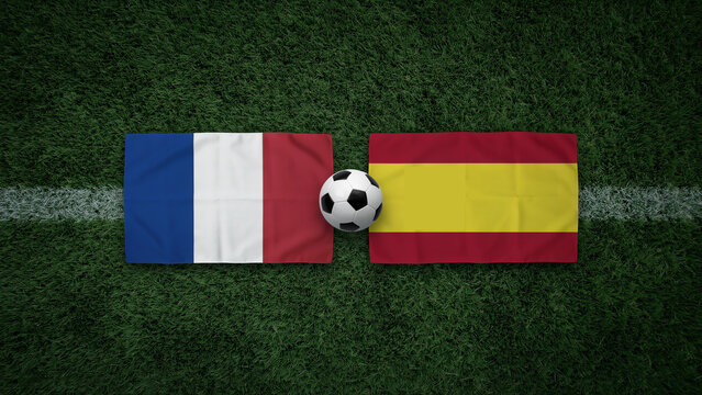 France vs spain soccer flags with ball on green field