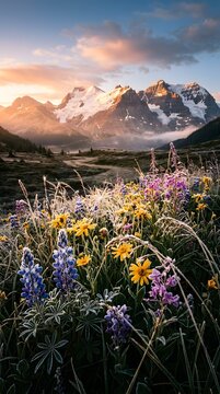 Mountain wildflowers in sunlight at dusk with mountain wildflowers landscape alpenglow serenity outdoors wilderness summertime