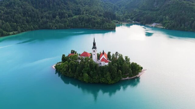 Bled Island Aerial Zoom Out, Alpine Landscape Revealed, Blue Hour