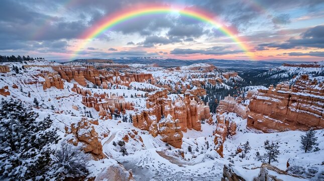 Panoramic winter view of canyon rocks with rainbow landscape outdoors wilderness national formation beautiful panoramic colorful