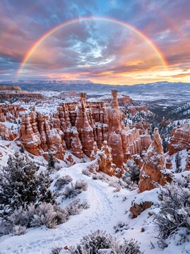 Rainbow arching over snowy desert canyons at dusk with landscape outdoors wilderness national formation beautiful panoramic