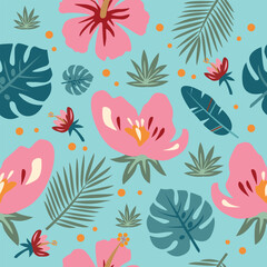 Tropical seamless pattern with exotic flowers and palm leaves on blue background © Olena