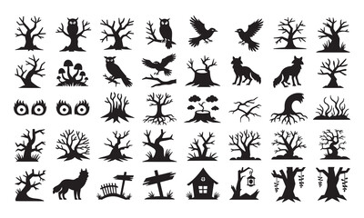 Fototapeta premium A collection of black silhouette featuring spooky forests, dead trees, owls, ravens, wolves, mushrooms, and haunted landscape isolated on a white background