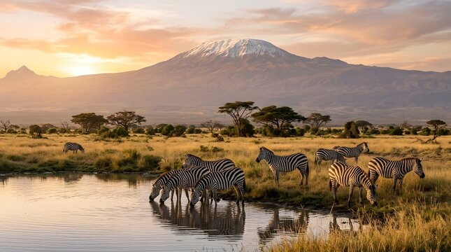 Group of wild zebras at a waterhole against the snowy peak of mount kilimanjaro at sunset with kilimanjaro mountain wildlife waterhole