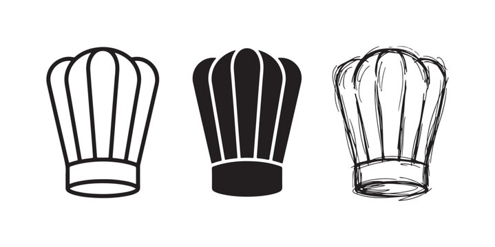 Chef Hat Icons Collection in Outline, Solid Glyph, and Hand-Drawn Sketch Style