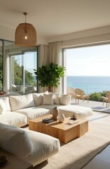 Fototapeta premium Bright living room with sectional sofa and wooden coffee table opens to ocean view patio. Minimalist decor, large windows, potted plant enhance serene seaside ambiance. Relaxing luxury vacation home.