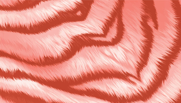 A vibrant vector illustration pink tiger fur pattern with wavy stripes in shades of coral, red, and soft white, creating a warm, modern, and textured abstract background.