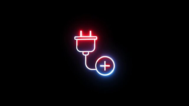Dynamic glowing neon plug with plus sign motion graphic.