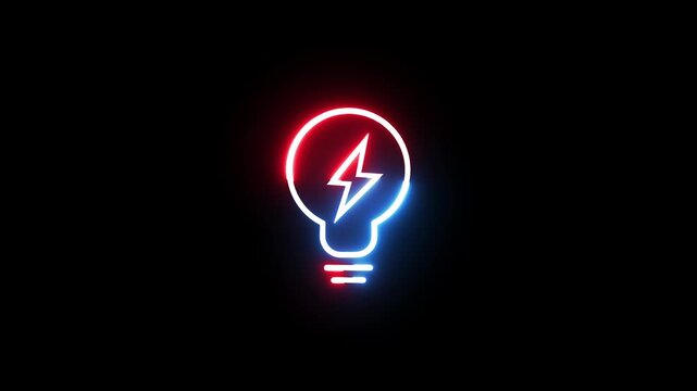 Neon lightbulb icon with lightning bolt symbol flashing in blue and red on black background.