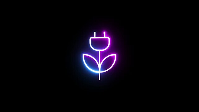 Neon green energy icon with plug and leaf shape glowing against dark black background loop.
