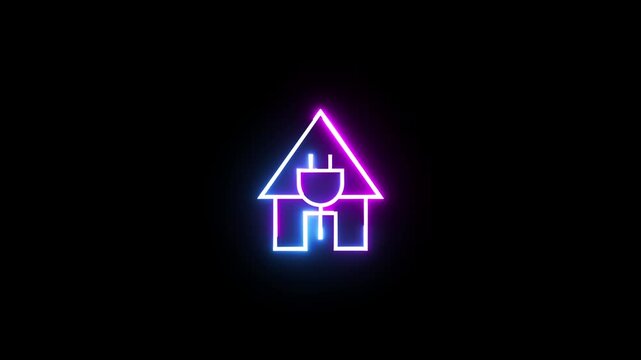 Neon house icon with power plug sign glowing dynamic animation on dark black background loop.