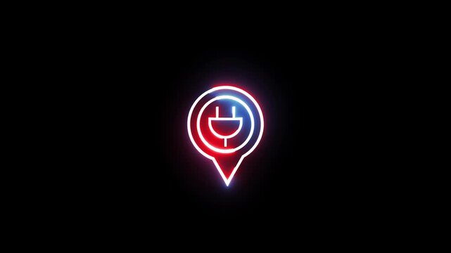 Neon charging station map pin icon glowing light animation representing electric vehicle.