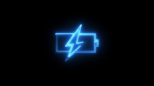 Neon blue glowing battery charging symbol icon sign animation isolated on black background.