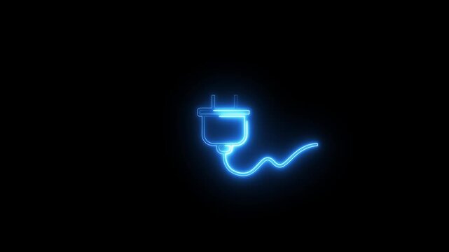 Neon electric plug icon animation glowing blue light symbol isolated on black background.