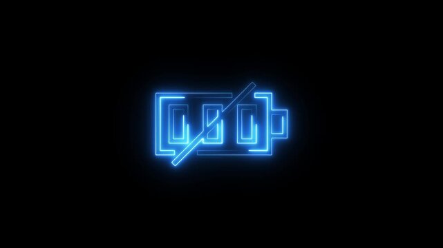 Neon blue light battery low warning symbol animation isolated on solid black background.