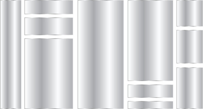 Set of metallic silver banners and frames, glossy chrome texture plates, shiny steel rectangles, blank metal labels, modern abstract ui elements for web design
