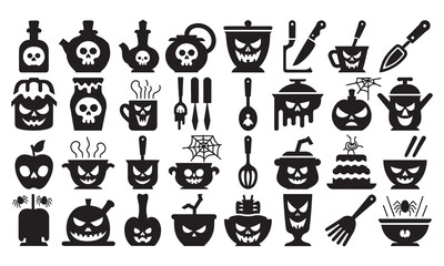 Fototapeta premium Collection of black halloween kitchenware and food featuring skull-faced pots, cauldrons, mugs, cutlery, spider webs, and spooky treats isolated on a white background
