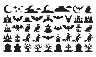 Obraz premium Collection of black halloween silhouettes featuring flying bats, spooky owls, haunted houses, witches on broomsticks, crescent moons, bare trees, and gravestones on a white background