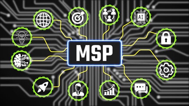 MSP Planning Technology Concept with Digital Business Icons Animation and Performance Tracking Interface HD Video animation