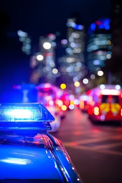 Police lights shine at night with city buildings in the background and emergency vehicles responding to an incident