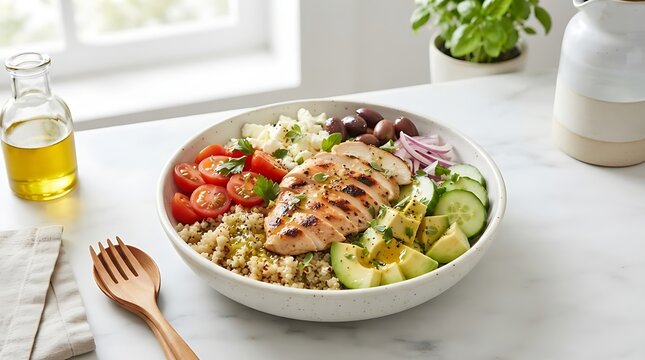 Healthy Mediterranean Grilled Chicken Salad Bowl with Quinoa Avocado and Feta