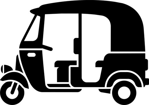 Black and white silhouette icon of a traditional three-wheeled auto rickshaw