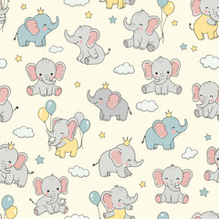 Obraz premium Charming Nursery Elephant Background with Soft Colors Balloons Clouds and Star Accents