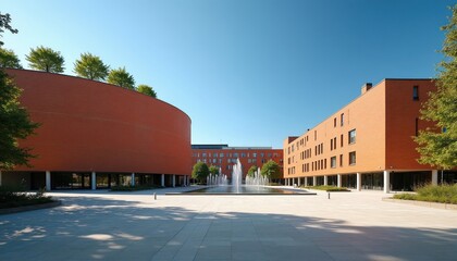 Naklejka premium Modern architecture complex features orange brick buildings around central plaza with water fountain. Urban city environment shows contemporary design with green trees under clear blue sky. Public
