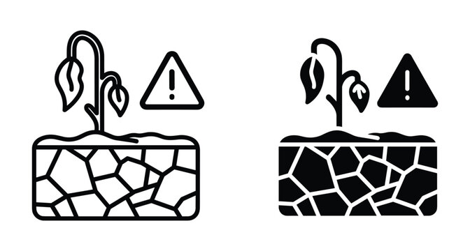 Wilted plant icon set showing dry cracked soil and warning sign representing drought environmental crisis climate change and water scarcity