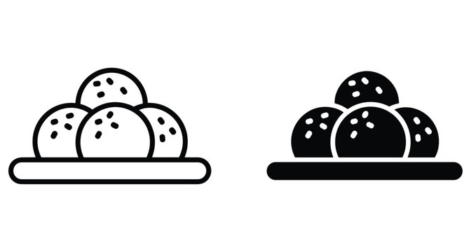 Meatball icon set with outline and solid glyph styles representing food balls like falafel or dumplings on a small plate