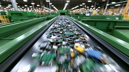 Obraz premium E waste circuit boards and fragmented electronics moving along a conveyor belt, illustrating the industrial process of recycling and waste management in a modern facility