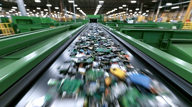 E waste circuit boards and fragmented electronics moving along a conveyor belt, illustrating the industrial process of recycling and waste management in a modern facility