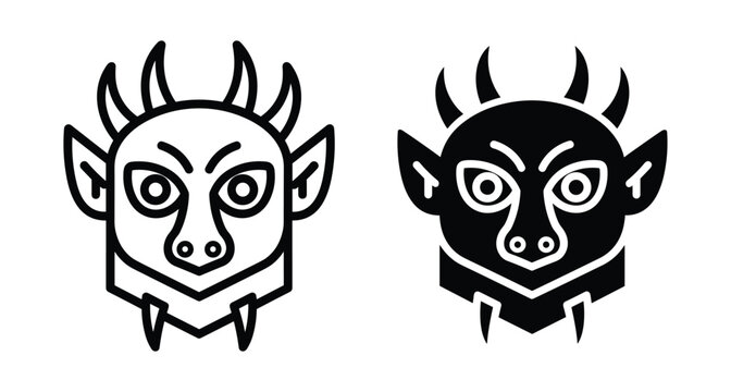 Demon monster head icon set with horns fangs and pointed ears in outline and solid black silhouette style for halloween