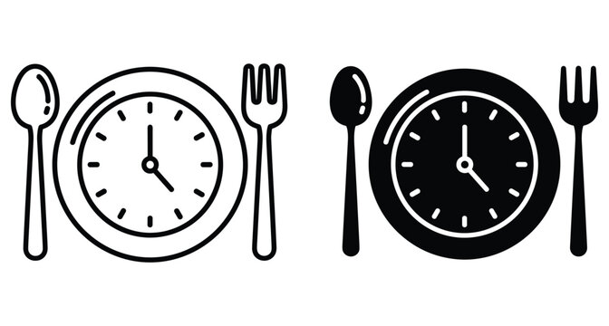 Intermittent fasting icon set featuring plate with clock face spoon and fork for meal timing diet schedule nutrition and weight loss