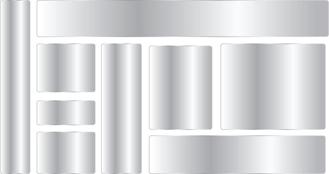 Set of metallic silver banners and buttons, glossy chrome web elements, shiny steel frames, rectangular labels and panels for interface design