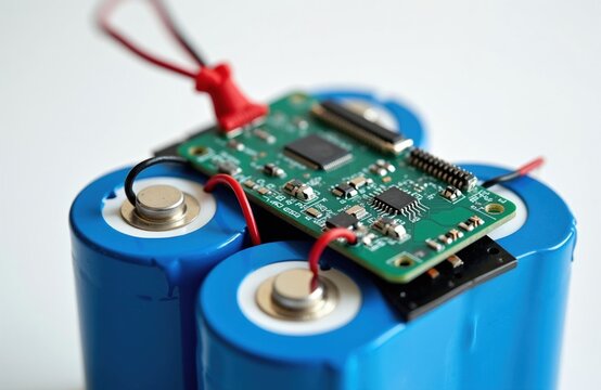 Lithium ion battery pack with green bms circuit board connected by red, black wires. Industrial rechargeable energy storage module for electric vehicle solar system. Blue cylindrical cells assembly