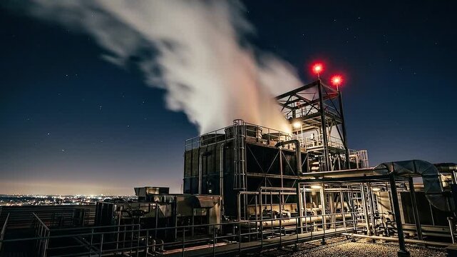 Industrial rooftop cooling towers at night with steam venting into dark starry sky