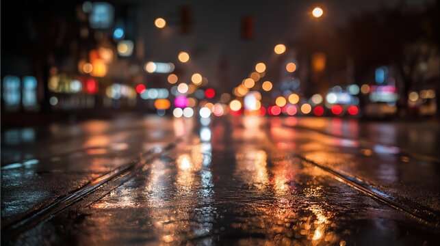 Rainy night street, blurry lights, reflection of light on wet pavement, neon cityscape, urban city, blurred figures in background