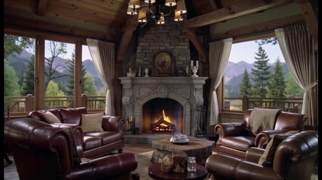 Luxurious Rustic Cabin Living Room with Burning Fireplace and Scenic Mountain View through Windows