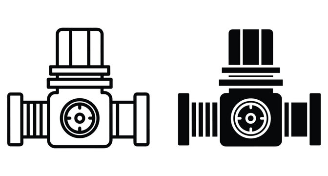 Industrial pressure regulator valve icon set for pneumatic systems air flow control gas pipe fitting engineering equipment technical symbol design