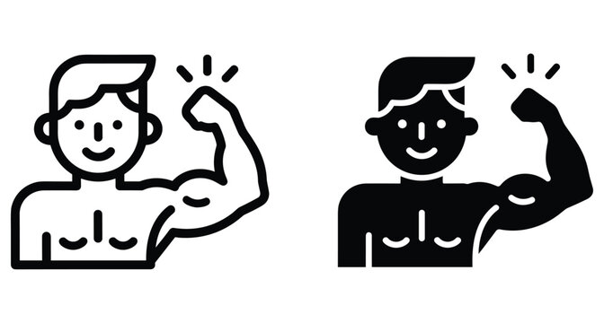 Strong man flexing bicep muscle icon set showing fitness power health bodybuilding athlete training workout gym exercise silhouette outline symbol
