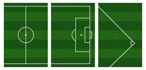 Soccer Field Grass Pattern with Realistic Green Turf Texture. Top View of Football Pitch with White Lines. Vector Realistic Sport Stadium Ground Texture for Football and Soccer Games. © VectForest