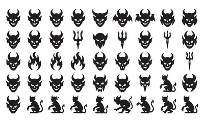 Obraz premium Extensive collection of devil and demon face silhouettes, trident symbols, fire flames, and imp figures isolated on a white background, for halloween and, occult projects